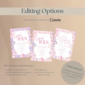 K&ouml;nnte beinhalten: Drei Geburtstagseinladungen in Rosa und Lila mit dem Text "THREE REX" und Dinosaurier-Illustrationen. Die Einladungen enthalten auch Ballons und Kuchen. Der Text "Editing Options" und "Customize your invitation in Canva" sind ebenfalls sichtbar.