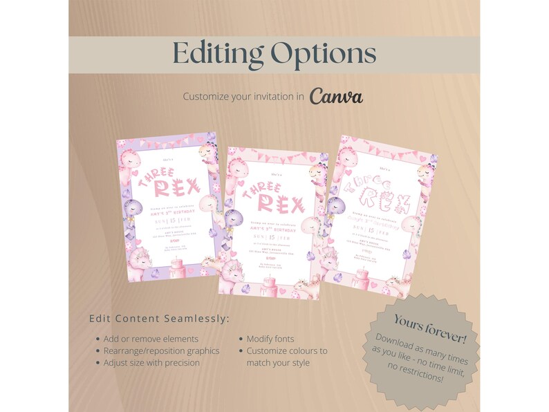 K&ouml;nnte beinhalten: Drei Geburtstagseinladungen in Rosa und Lila mit dem Text "THREE REX" und Dinosaurier-Illustrationen. Die Einladungen enthalten auch Ballons und Kuchen. Der Text "Editing Options" und "Customize your invitation in Canva" sind ebenfalls sichtbar.