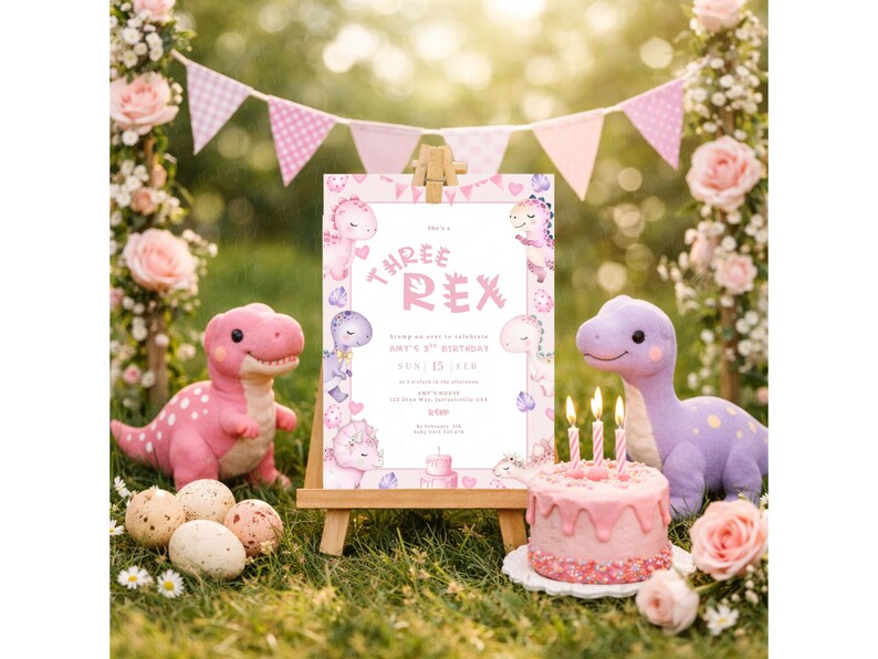 K&ouml;nnte beinhalten: Eine Geburtstagsszene mit Dinosaurier-Thema, mit einer h&ouml;lzernen Staffelei mit einer "Three Rex"-Einladung. Rosa Dinosaurier-Pl&uuml;schtiere, ein Kuchen mit Kerzen und dekorative Eier sind auf dem Gras angeordnet. Ein rosa-wei&szlig;es Banner h&auml;ngt im Hintergrund.