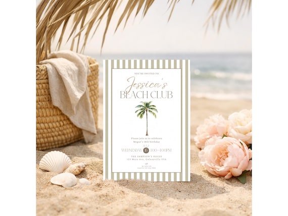 Beach Club Birthday Invitation, Palm Tree Party Invite, Coastal Birthday Template, Tropical Adult Birthday, Editable Printable Invite