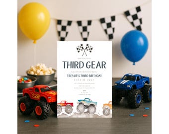 Monster Truck Birthday Invitation, Third Gear 3rd Birthday Party, Editable Car Invite, Checkered Flag Boys Birthday Template