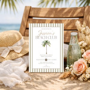 May include: A beach-themed invitation with the text "Jessica's Beach Club" and a palm tree illustration. The invitation is on a sandy surface with a straw hat, a bottle of water, and flowers. The invitation is for Megan's 18th birthday.