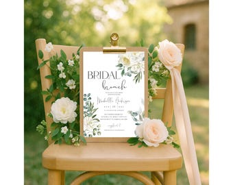 Convite para Brunch de Noivado, Convite Floral Branco para Chá de Panela, Modelo Elegante com Folhagens, Brunch de Noivado Editável