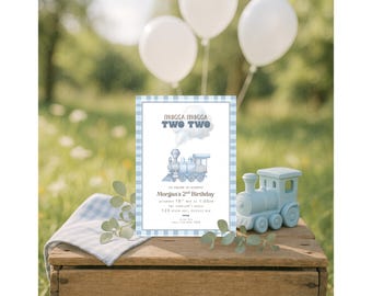 Chugga Chugga Two Two 誕生日招待状、電車をテーマにした2歳の誕生日招待状、男の子の誕生日パーティーテンプレート、編集可能で印刷可能なダウンロード