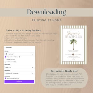 May include: A webpage detailing how to print invitations at home. It features a sample invitation with a palm tree design and the words "Jessica's Beach Club". Instructions are given for downloading and printing the invitation.
