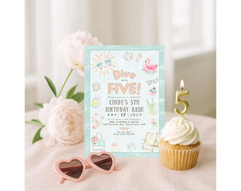 Dive into Five Birthday Invitation, Pool Party Invite, Girl Summer Swim Party Printable, Editable Beach Birthday Template