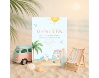 Hang Ten 10. Geburtstagseinladung, Surf Beach Party Vorlage, Tropischer bearbeitbarer druckbarer digitaler Download