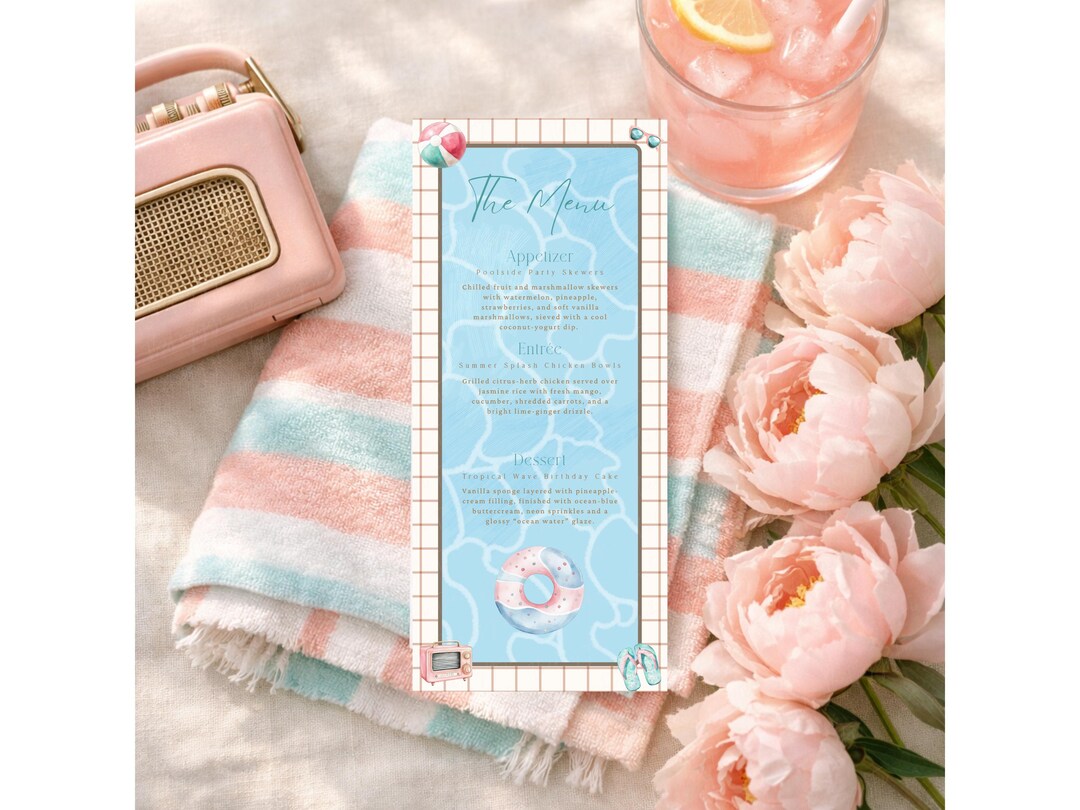 Pool Party Birthday Menu Template, Editable Summer Pool Party Menu ...