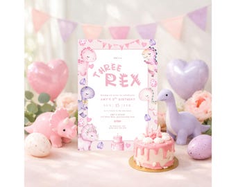 Rosa drei-Rex Geburtstagseinladung, Mädchen Dinosaurier 3. Geburtstag einladen, süße Dino Party, bearbeitbare druckbare digitale Download einladen
