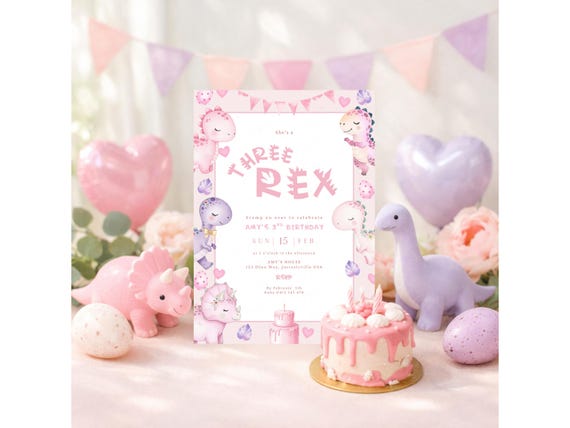 Pink Three-Rex Birthday Invitation, Girl Dinosaur 3rd Birthday Invite, Cute Dino Party, Editable Printable Digital Download Invite