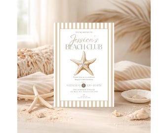 Beach Club Birthday Invitation, Coastal Birthday Party Invite, Editable Beach Theme Birthday Template, Printable Birthday Design