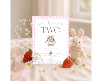 Some Bunny is Two Birthday Invitation, Girl Bunny 2nd Birthday Invite, Pink Gingham Bunny Party, Editable Template, Bunny Theme Invite