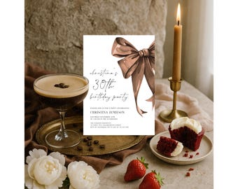 30th Birthday Invitation, Brown Bow Party Invite, Elegant Adult Birthday, Modern Minimalist Template, Editable Printable Template, ABB001