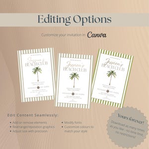 May include: Three invitation designs with the text "Jessica's Beach Club" and a palm tree illustration. The invitations have a striped border and are customizable in Canva. The image also includes text about editing options and unlimited downloads.