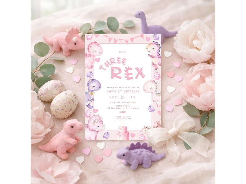 K&ouml;nnte beinhalten: Eine rosa und lila Dinosaurier-Geburtstagseinladung mit dem Text "Three Rex". Die Einladung ist von rosa Dinosaurierspielzeugen, Eiern, Blumen und herzf&ouml;rmigen Konfetti umgeben. Die Einladung ist f&uuml;r einen 3. Geburtstag.