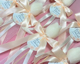 Wax flower on stem - wax tulip with wooden stem for wedding, christening, party favors - personalized tag