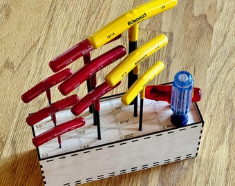 T-Handle Hex Wrench Storage Rack | Laser-Cut Birch Plywood | 12-Hole Workbench Organizer | Gift for Machinists