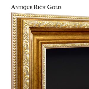 May include: Close-up of an antique gold picture frame with ornate detailing. The frame has a rich, warm gold finish with intricate carvings and a beaded edge. The text "Antique Rich Gold" is displayed at the top.