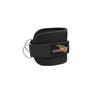 May include: Black ankle strap with two silver metal D-rings for attaching to resistance bands or cable machines. The strap has a hook and loop closure and the brand name "AMMAZIFY" is printed on the side.