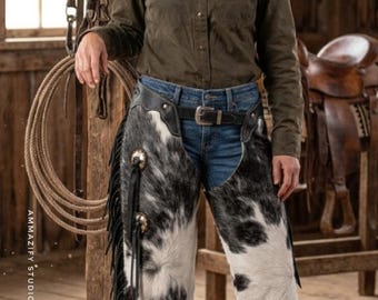 Handmade Cowhide Chaps with Western Fringe, Genuine Leather Rodeo Gear
