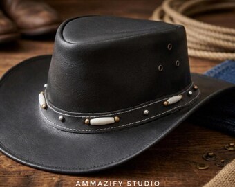 Handgefertigte Schwarze Leder Cowboyhut: Western Cowboyhut mit breiter Krempe, Perlenband