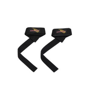 May include: Two black weightlifting straps with the brand name "AMMAZIRY" in yellow and red. The straps are made of a durable fabric and are designed to wrap around the wrist and the weight bar for a secure grip during workouts.