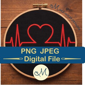 May include: A black embroidery hoop with a red heart and EKG line design. The text "PNG JPEG Digital File" is displayed on a blue banner. The hoop is set against a wooden background.