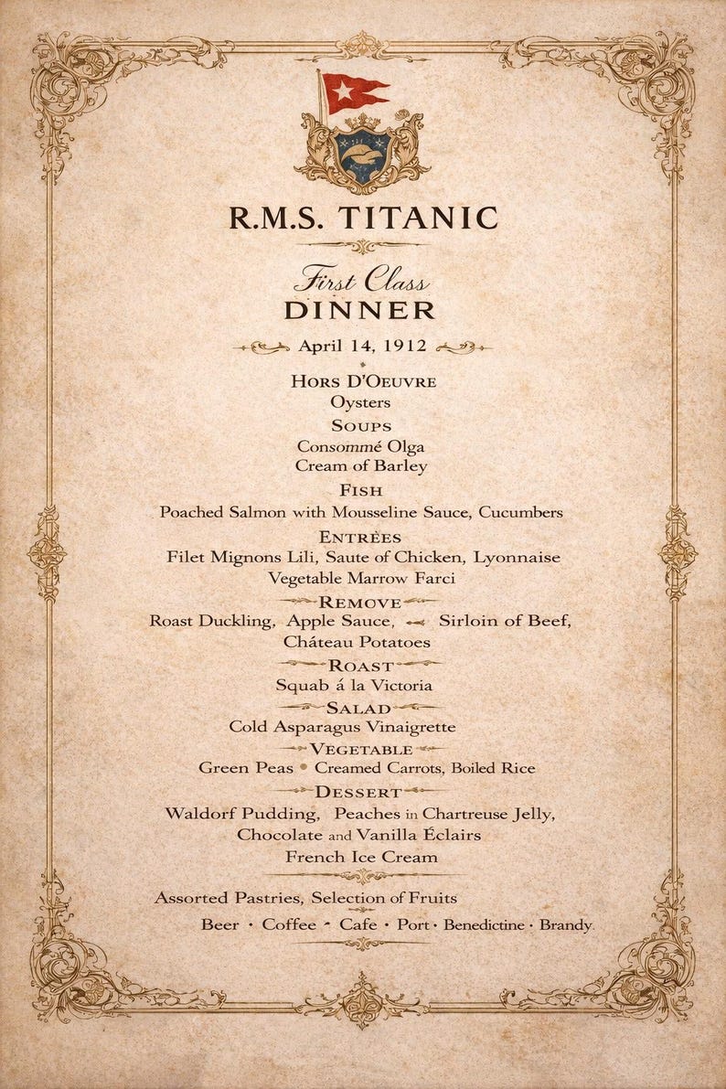 Titanic First Class Dinner Menu 1912 – Museum Replica Poster – April 14 ...