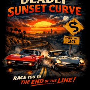 May include: A graphic design featuring two classic cars racing on a winding road at sunset. The text reads "DEADLY SUNSET CURVE" and "RACE YOU TO THE END OF THE LINE!" A speed limit sign reads "30".