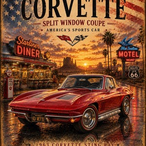 May include: A vintage-style poster featuring a red 1963 Corvette Split Window Coupe parked in front of a Starliner Diner and Blue Swallow Motel. The background shows a sunset over a desert landscape with a Route 66 sign and an American flag overlay.