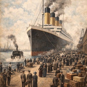 Puede incluir: Pintura del Titanic en el muelle, con una multitud y equipaje. El barco tiene tres chimeneas amarillas y negras. Un tren está en el agua. El cielo está nublado.