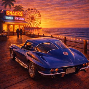 May include: A vintage blue sports car on a wooden pier at sunset. The image features a snack bar with neon signs, a Ferris wheel, and the sea. The sky is a blend of orange and purple colours.