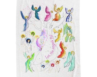 Let the Angels Fly Blanket, Angel Art Velveteen Throw, Spiritual Cozy Home Decor Gift for Comfort, Color, and Divine Inspiration