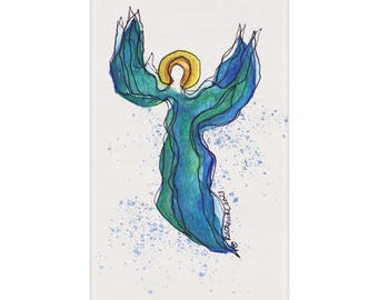 Angel of Reflection Tea Towel, Angel Art Kitchen Towel 18x30, Mindful Spiritual Home Decor Gift for Stillness, Centering, and Grace