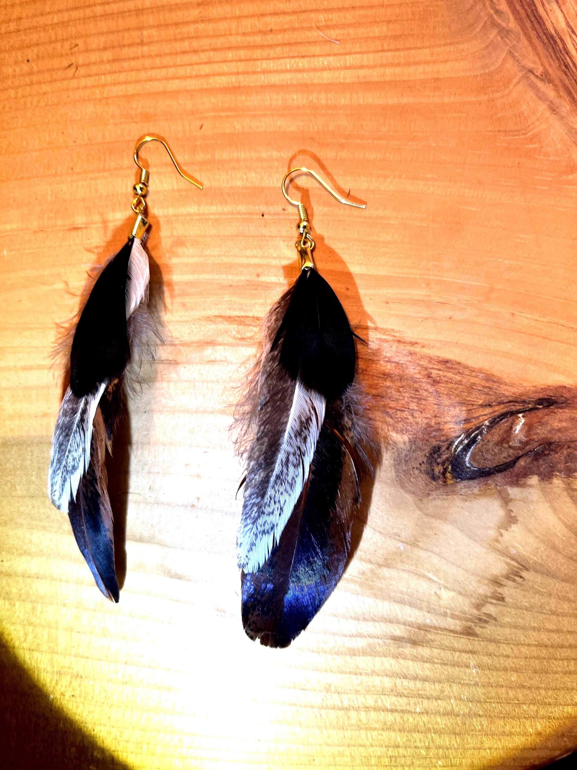 Handmade Black and Brown Feather With Green Irradiance Earrings