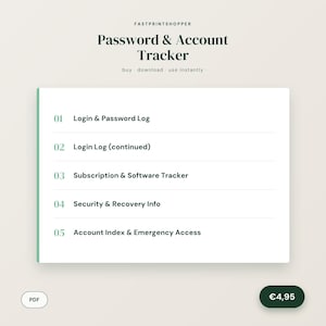 Op de afbeelding: Een digitaal Password & Account Tracker document met een lijst van vijf secties: Login & Password Log, Login Log (continued), Subscription & Software Tracker, Security & Recovery Info en Account Index & Emergency Access.