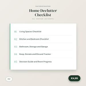 Op de afbeelding: Een digitaal document met een checklist voor het opruimen van het huis, bestaande uit vijf secties: woonruimtes, keuken en slaapkamer, badkamer, opslag en garage, sorteertracker en beslissingsgids, met PDF-pictogram en prijs.