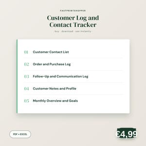 Op de afbeelding: Een digitaal klantlogboek en contacttracker-document met vijf secties: klantencontactlijst, bestel- en aankooplogboek, opvolg- en communicatielogboek, klantnotities en profiel, en maandelijks overzicht en doelen, met PDF- en Excel-labels.