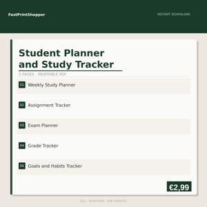 Op de afbeelding: Een printbare PDF-studentenplanner en studietracker met vijf pagina's. Het document bevat een wekelijkse studieplanner, opdrachten-tracker, examenplanner, cijfer-tracker en een tracker voor doelen en gewoontes in donkergroene tekst.