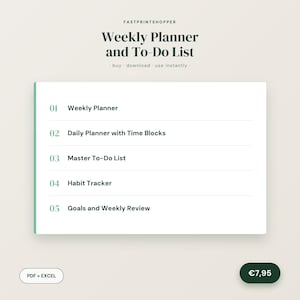 Op de afbeelding: Een digitale weekplanner en takenlijstsjabloon met vijf secties: Weekly Planner, Daily Planner with Time Blocks, Master To-Do List, Habit Tracker en Goals and Weekly Review. Het document is aangeduid als PDF + EXCEL.