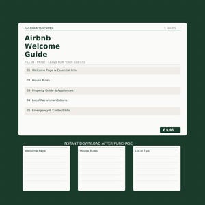 May include: A white digital template for an Airbnb Welcome Guide with dark green text. The document includes five sections: Welcome Page, House Rules, Property Guide, Local Recommendations, and Emergency Info, plus three smaller blank forms.