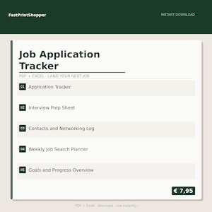 Op de afbeelding: Een digitaal sollicitatie-tracker document met vijf secties: Application Tracker, Interview Prep Sheet, Contacts and Networking Log, Weekly Job Search Planner en Goals and Progress Overview, gepresenteerd in een strakke, donkergroene en witte lay-out.