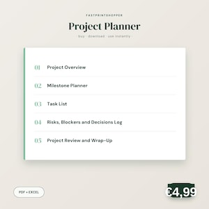 Op de afbeelding: Een digitaal projectplanningsdocument met de tekst FASTPRINTSHOPPER Project Planner. De lijst bevat 01 Project Overview, 02 Milestone Planner, 03 Task List, 04 Risks, Blockers and Decisions Log en 05 Project Review and Wrap-Up.