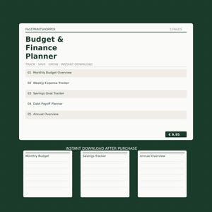 Op de afbeelding: Een digitaal budget- en financieel planningsdocument met vijf pagina's, inclusief een maandelijks budgetoverzicht, wekelijkse uitgaven-tracker, spaardoel-tracker, schuldenafbetalingsplanner en een jaarlijks overzicht.