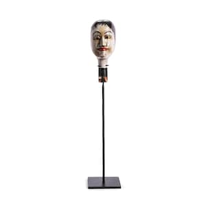 Wayang Potehi Puppet Head: Indonesian Wooden Sculpture on Stand, Off-White Face