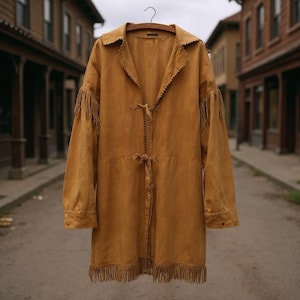 May include: A tan suede coat with fringe detailing on the sleeves and hem. The coat has a notched collar and a tie closure at the waist. The coat is hanging on a wooden hanger against a blurred street background.