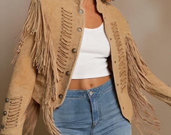 Chaqueta de gamuza con flecos hecha a mano: abrigo bohemio estilo western para mujer