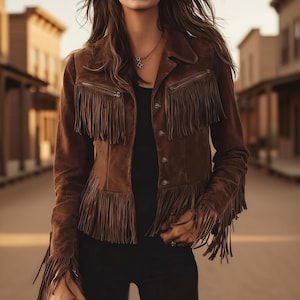 May include: A brown suede jacket with fringe detailing. The jacket has a button-up front, two chest pockets, and fringe along the sleeves and hem. The model is wearing a black top and black pants. The background is a blurred street scene.