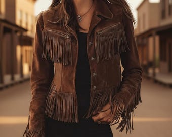 Giacca western vintage in pelle scamosciata con frange: cappotto boho da cowgirl fatto a mano