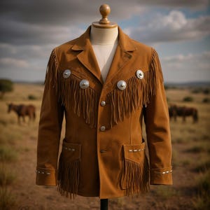 May include: A brown suede jacket with fringe detailing and silver-tone concho buttons. The jacket is displayed on a mannequin in a field with horses in the background. The jacket has a classic western style.